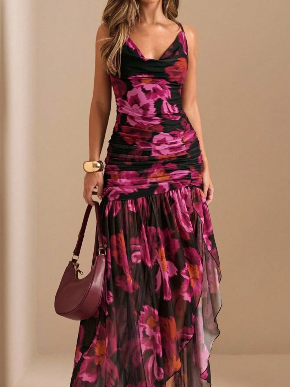 Pink Boho Floral Women's Bustier Maxi Dress with Draped Neck